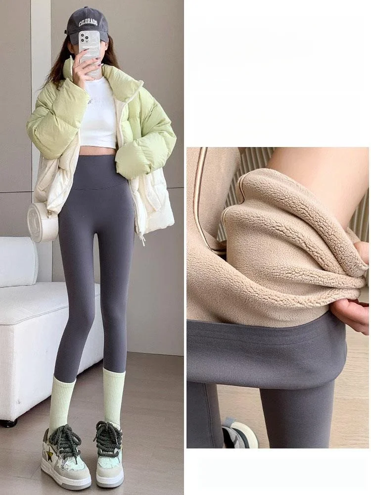 Pantalones de Yoga de piel de arca con forro de Fce para mujer, pantalones largos informales de cintura alta, cálidos y ajustados, para otoño e invierno