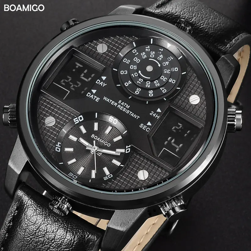 BOAMIGO-Montre à quartz pour hommes, 3 fuseaux horaires, LED, numérique, sport, montres-bracelets en cuir, horloge