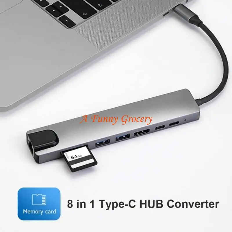 652E 8 1 Card Reader Dongle Donking Station com Gigabit Ethernet USB Port Type-C Converter