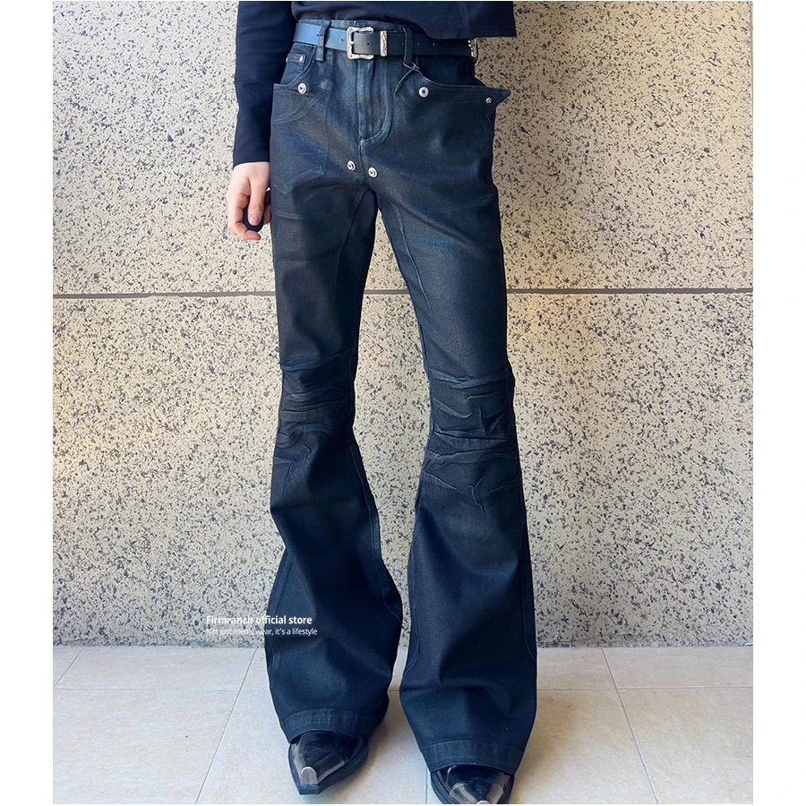 

Firmranch Black Oil Wax Coated Motorcycle Armor Pleated Pants High Street Jeans Deconstructed Patchw Straight Stacked Trousers