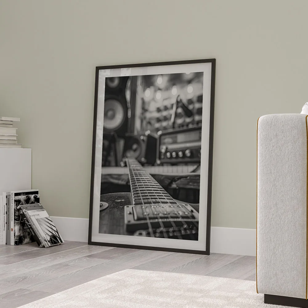 ملصق جيتار بالأبيض والأسود ، فن جداري ، صورة ، ميكروفون ، أعواد أفخاذ ، قماش بيانو ، رسم ، طباعة ، ديكور غرفة الاستوديو #3