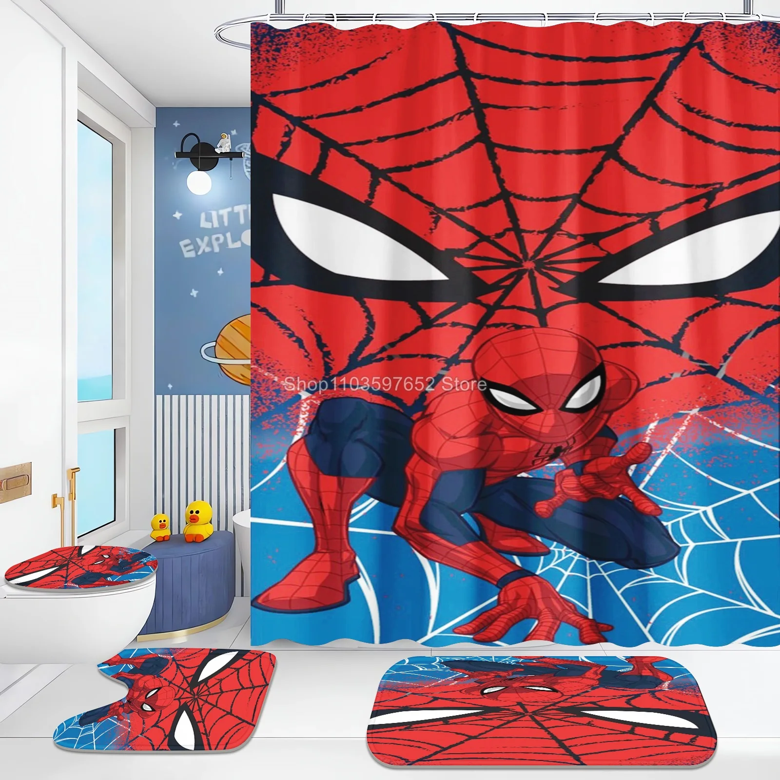 3D Printing Spiderman Shower Curtain Carpet Toilet Cover Cartoon Bath Mat Rug Pad Set Bathroom Decor Kids Gifts