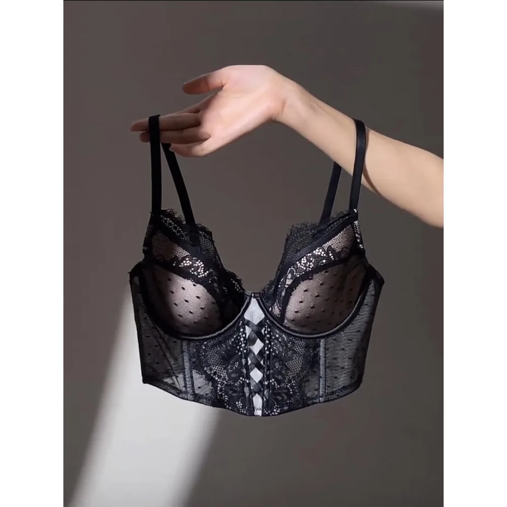 French Lace Women Bra Push‑Up Small Bust Thin Cup Soft Underwire Boning Shaping Upper Support Side Collect Armpit Fat Brassiere