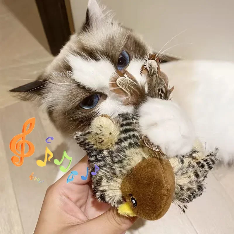 Interactive Cat Toys Plush Flying Bird Squeak Cat Toy Sparrow Catnip Toys Vivid Chirping Simulation Bird Interactive Cat Toy