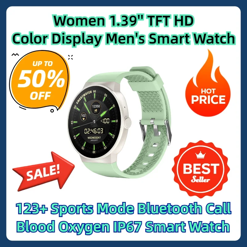 

123+ Sports Mode Bluetooth Call Blood Oxygen IP67 Smart Watch Women 1.39'' TFT HD Color Display Men's Smart Watch