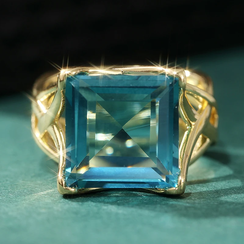 Eleganter goldfarbener, mit blauen CZ-Steinen eingelegter Damenring, quadratisch, hohl, für den täglichen Gebrauch, Partyschmuck – Detail 1