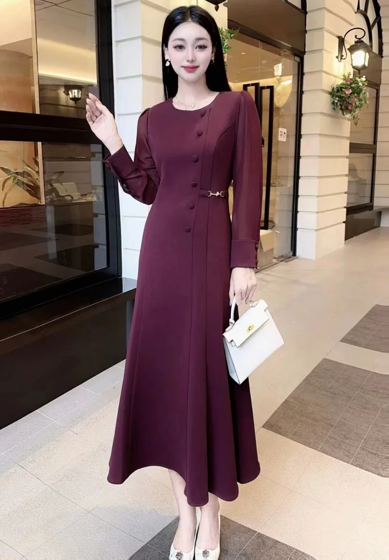 High Quality Brand New Dress 2024 Autumn Women O-Neck Tunic Button Buckle Deco Long Sleeve Dark Blue Wine Red Party Dress XXL