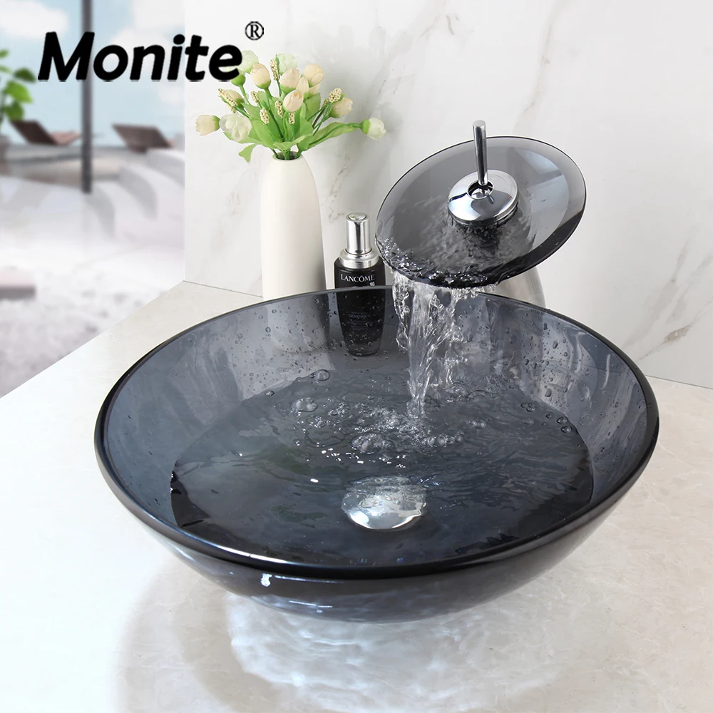 Monite Black Round Washbasin Lavatory Tempered Glass Sink Set Waterfall Glass Basin Faucet Combine Brass Faucet Mixer Tap