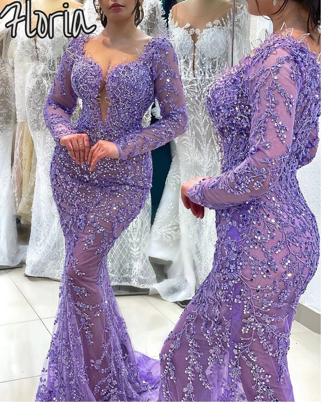 

Сексуальное фиолетовое кружевное вечернее платье с глубоким v-образным вырезом и аппликацией в Дубае, вечернее платье русалки с длинными рукавами, женское платье Robes De Soirée