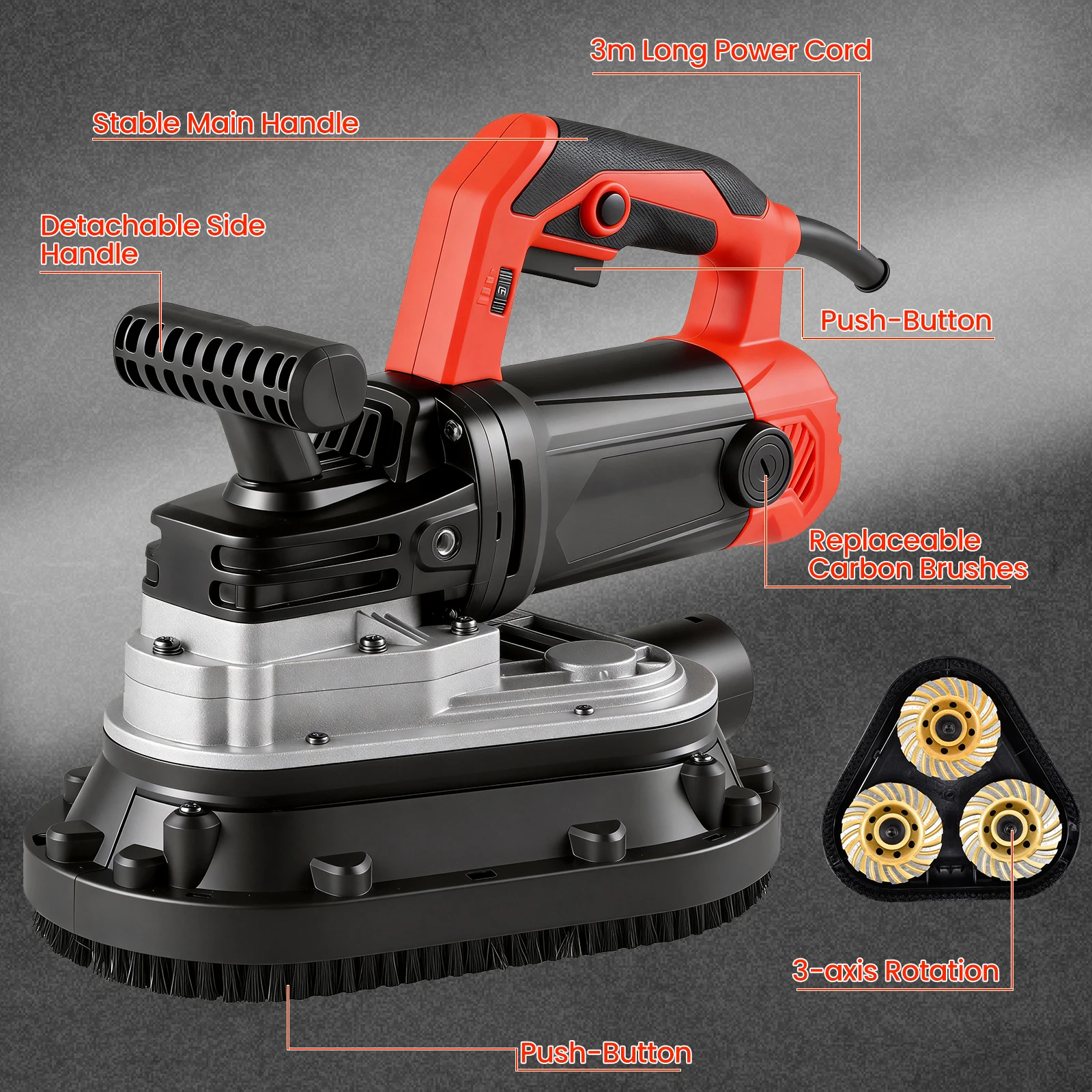 Triple Axis Concrete Floor Grinder Polisher, 2450W 3 Head 6 Speed Variable Sander for Cement Marble Granite, Floor Surface Grinding Polishing Machine with Dust Shroud for Floor Prep