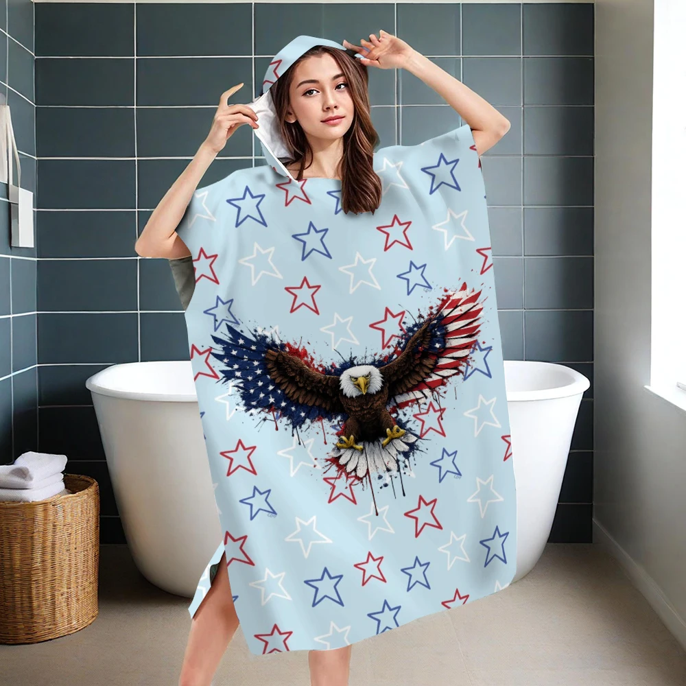 

USA Patriotic Eagle Hooded Beach Poncho Towel, Red Blue Star Print Quick Dry Soft Absorbent Bath Robe for Swimming Surfing