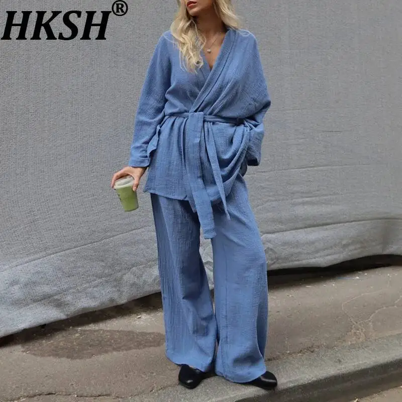 HKSH Women Cotton Pajama Set Loose Casual Solid Color Lace-Up Design Long Sleeve Top Chic Comfortable Pants Homewear New HK26480
