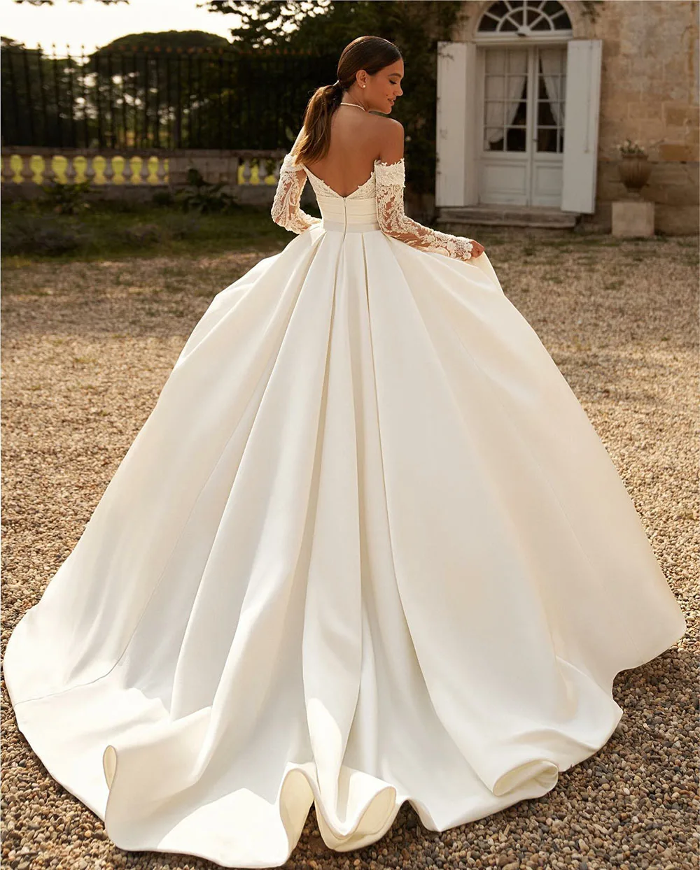 Customized Off-Shoulder Wedding Dress 2025 Women Lace Long Sleeve Pockets A-Line Bridal Dress Elegant Plus Size Wedding Gown
