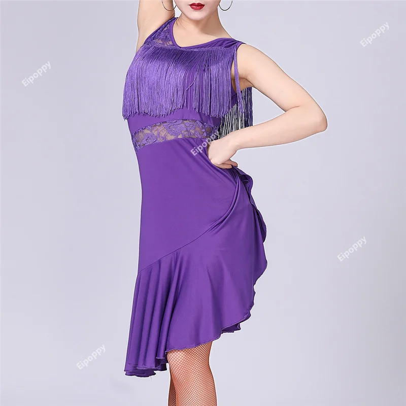 

Adult Lace Tassel Latin Dance Dress Women Fringe Samba Rumba Tango Jazz Cha Cha Dancewear Stage Clothes Practice Outfit Costume