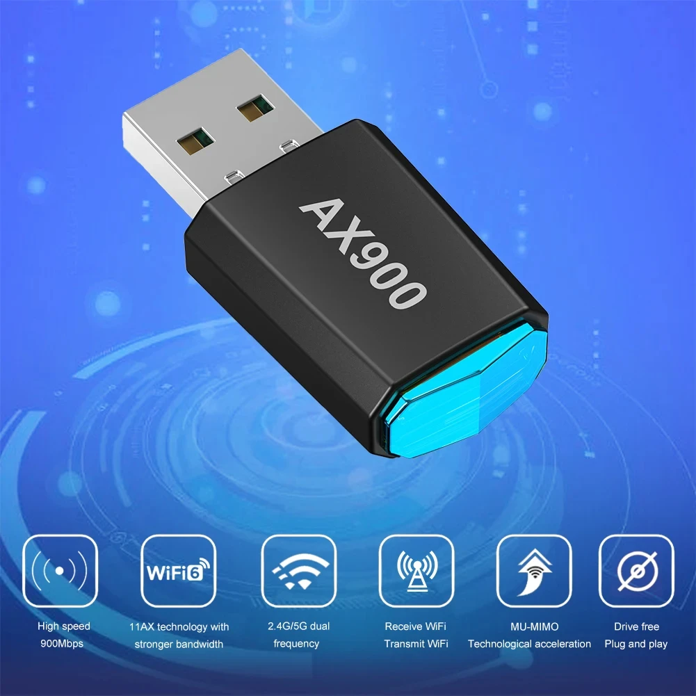 WiFi 6 AX900 USB WiFi Adapter 2.4G/5GHz 900Mbps Wireless Ethernet WiFi Network Card Drive Free USB Dongle for PC Win10/11