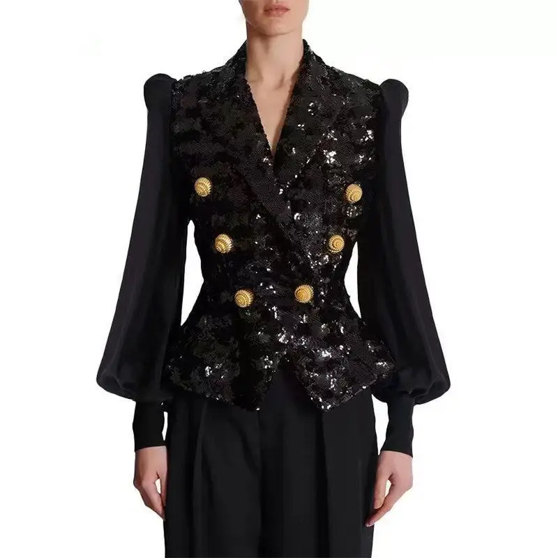 High Quality Women's Classic Shiny Sequin Suit Jacket Spring Autumn Fashionable Top Long Sleeve Double Breasted Button up