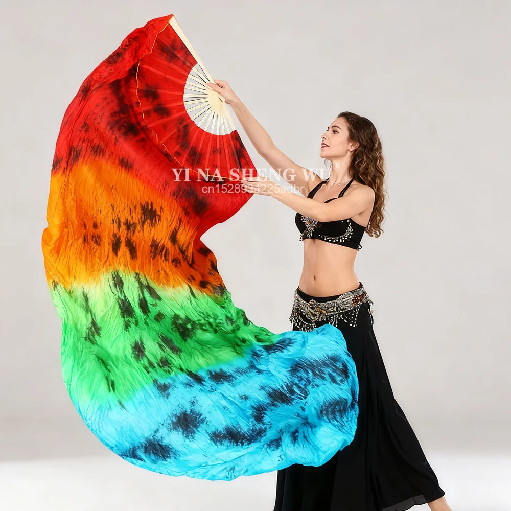 Nieuwe Aangepaste Tie-dye 100% Echte Zijden Sluier Buikdans Fan Paren (1L + 1R) Vrouwen Oosterse Dansshow Props 180 cm Streep Kleur