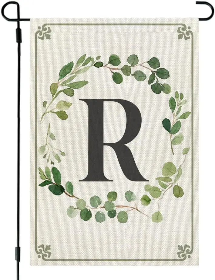 CROWNED BEAUTY Eucalyptus Wreath Spring Monogram Letter R Garden Flag 12x18 Inch Double Sided Small Burlap Holiday Family Last N