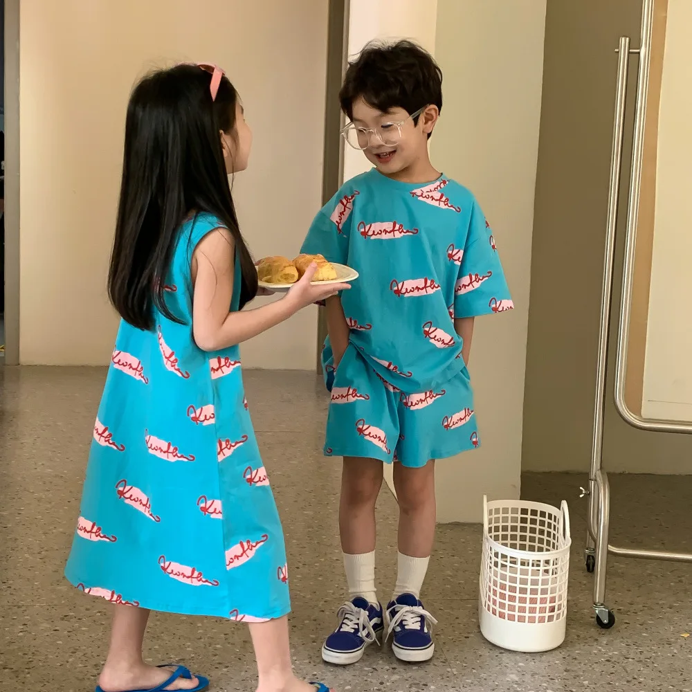 RAISE Summer Children Brother And Sister Look Graffiti Kid Girl Sleeveless Long Dress Loose Print Short Sleeved Tee Shorts Suits