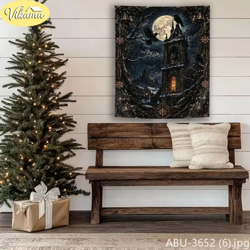 VIKAMA Creepmas Skeletal Grimoire Taper Mistletoe Berry Wall Tapestry Shadowy Victorian Arcane Sorcery Noel Festal Room Home