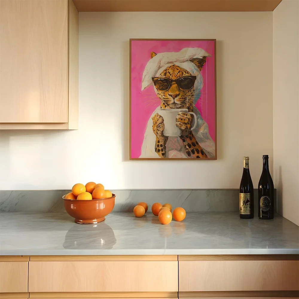 Moderno leopardo che beve caffè mattutino colorato dopamina poster artistico su tela - pittura murale decorativa per la casa per soggiorno