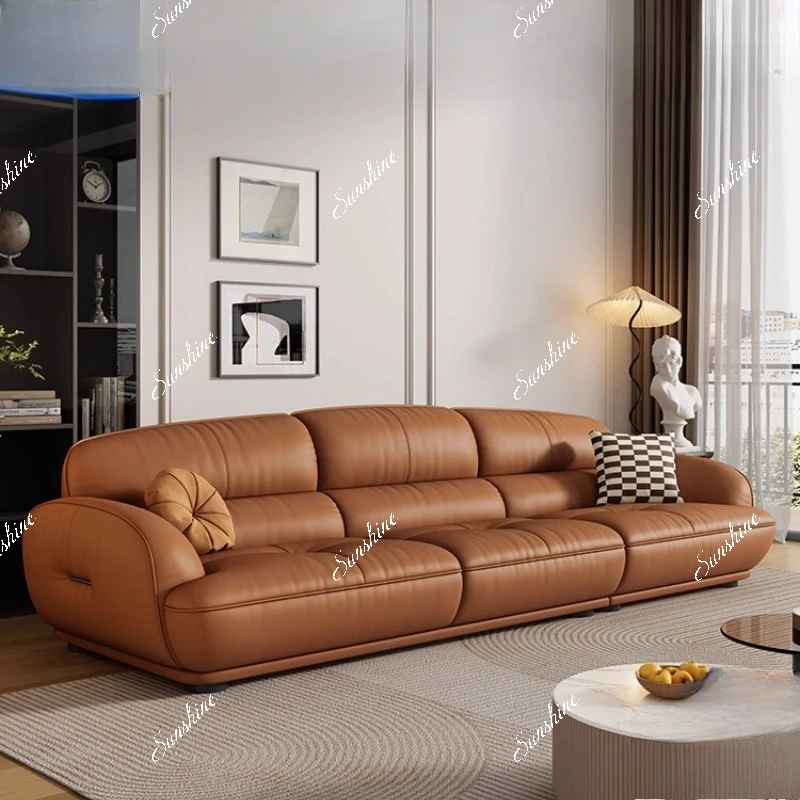 leather sofa The living room is simple and modern, cream-style small apartment is arranged in a large row and has a deep seat