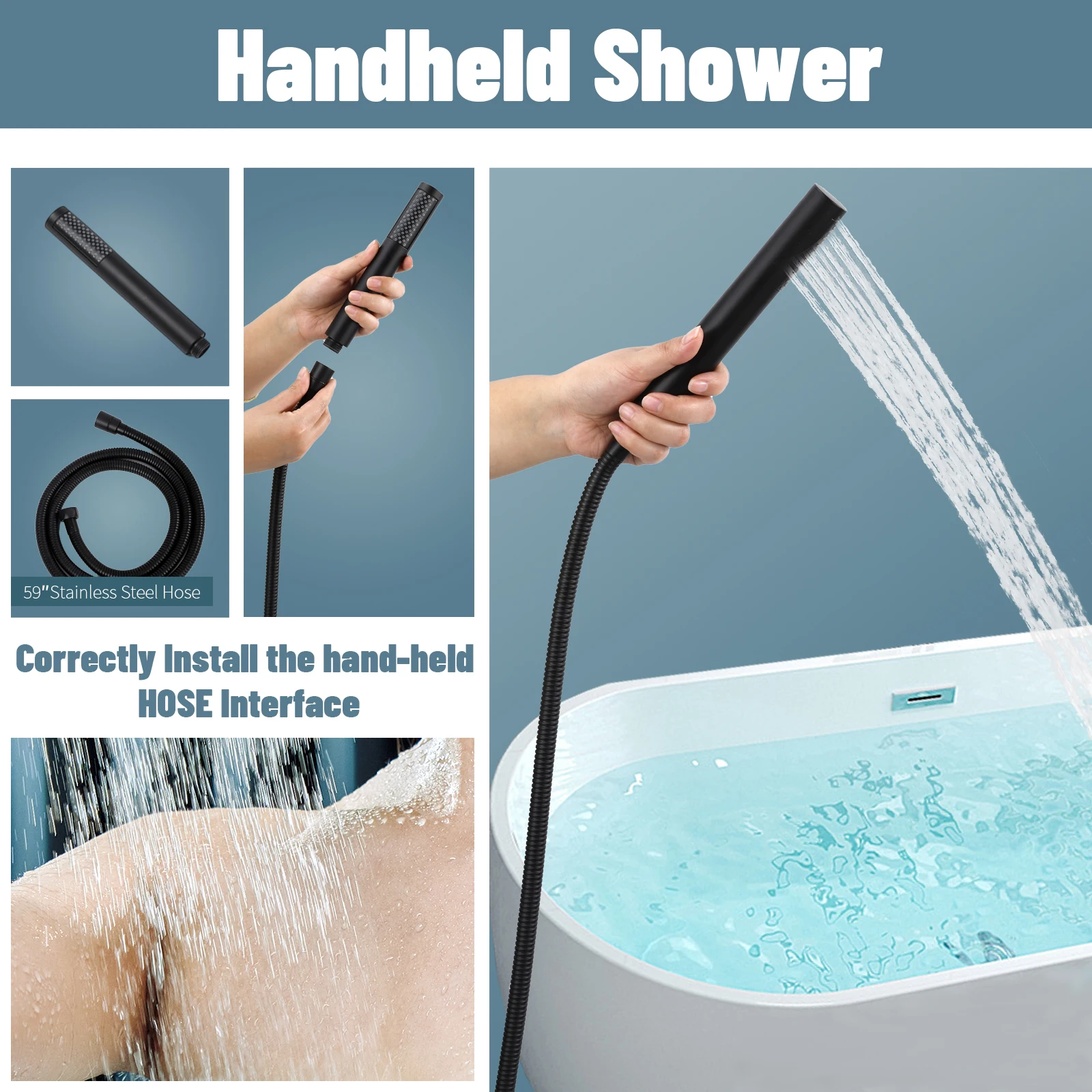 Matte Black Bathtub Shower Faucets,Floor Standing Faucet Hot Cold Water Shower Tap,Round Spout Mixer Tap,Portable Tub Filler