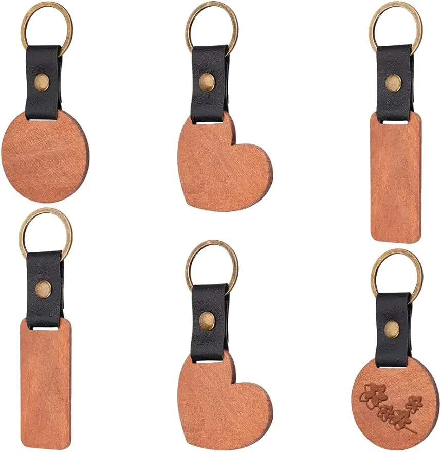 

6Pc Wood Keychain Blanks Rectangle/Round/Heart Wood Keychains Unfinished Wooden Craft Keyring Wooden Key Tags with Leather Strap