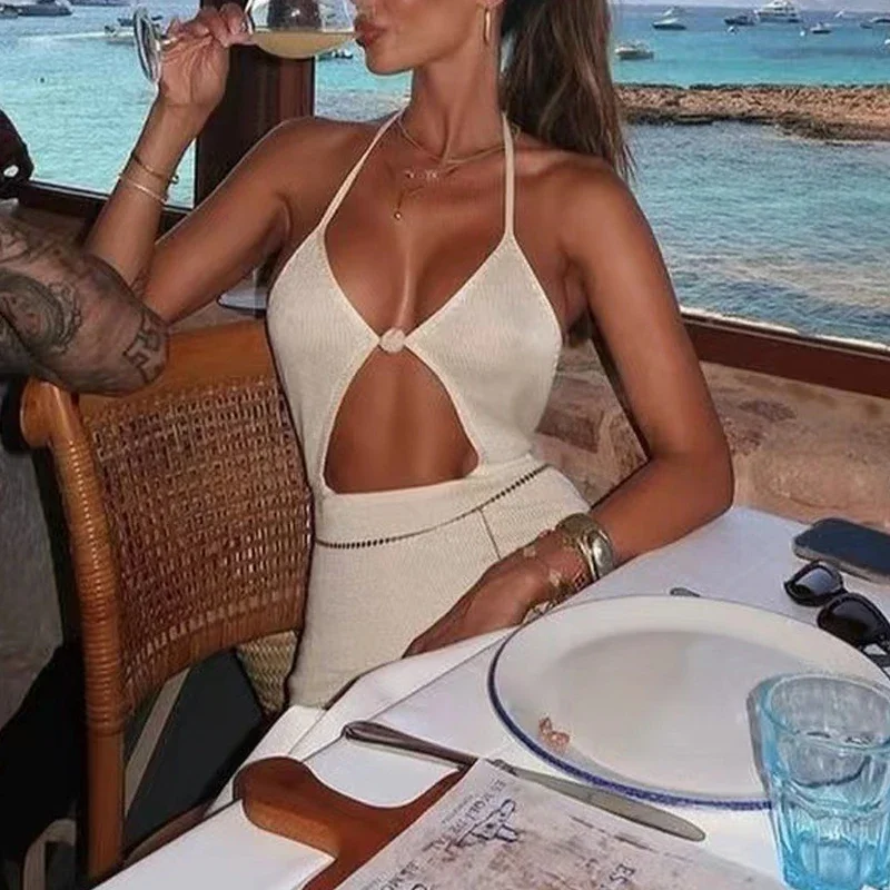 섹시한 홀터넥 로우컷 니트 드레스 여름 민소매 사이드 슬릿 슬림핏 비치 수영복 백리스 여성 커버업 수영복