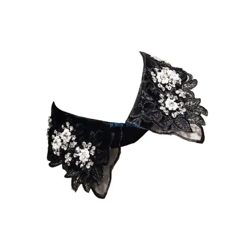 D0UD Women's Embroidery Beaded Faux Collar Lace Lapel Half Shirt Clothing Accessory