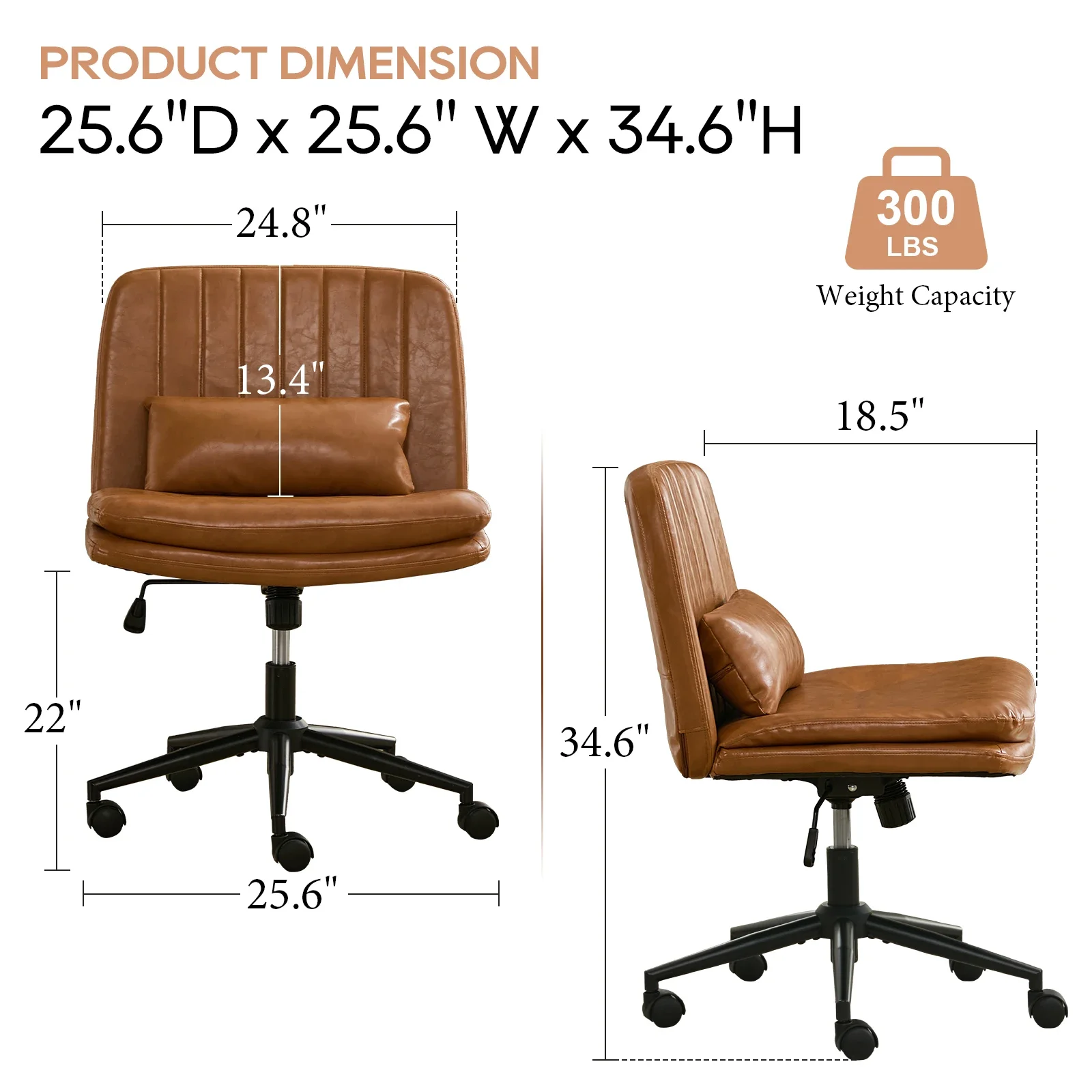 TCGBKAF Brown Criss Cross Armless Desk Chair with Wheels Lumbar Pillow Adjustable Swivel Task Vanity Faux Leather Office Chair