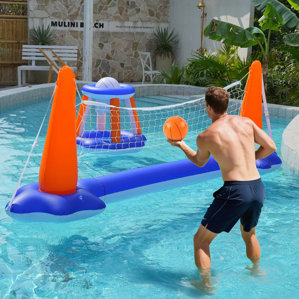 Floating Volleyball Set 2 Balls Pool Volleyball Set & Basketball Hoop Pool Basketball and Volleyball Game for Summer Water Fun