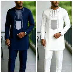 2024 Nowy elegancki garnitur męski w stylu afrykańskim Kaftan z haftem Casual 2-częściowy garnitur Świąteczny ślub Tradycyjna odzież męska