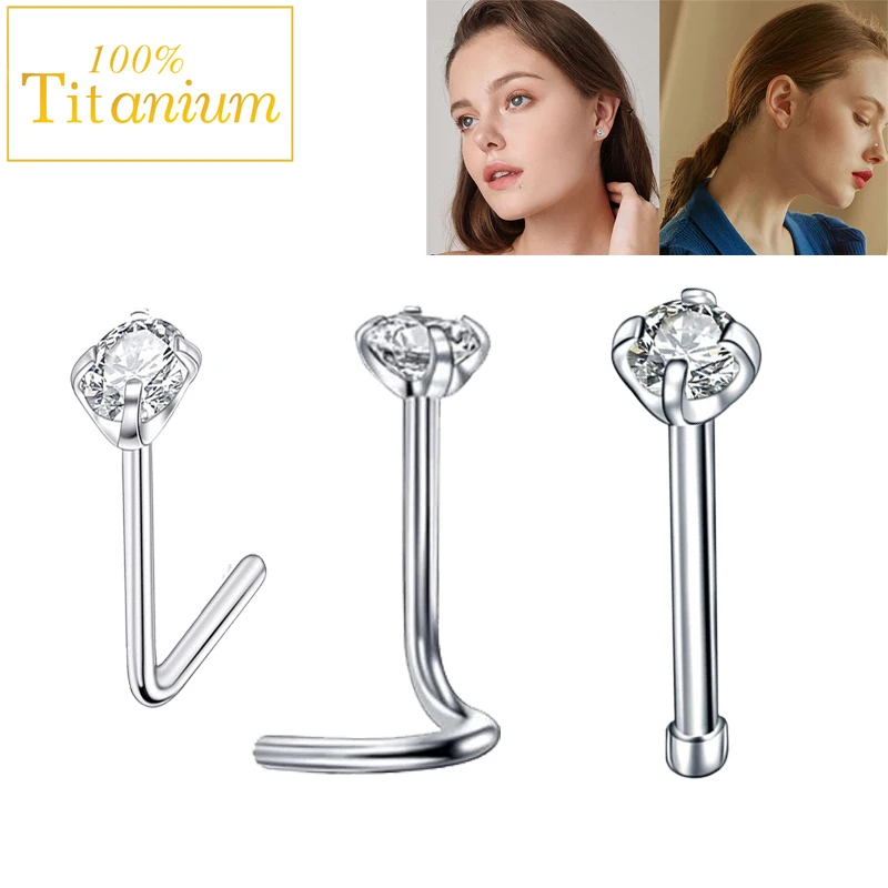 Piercing para la nariz G23, barra curvada giratoria de titanio, joyería para el cuerpo, tabique nasal, 20G, 6,5mm, Pin recto, pendiente en forma de L CZ,nostril de titanio,nostril piercing