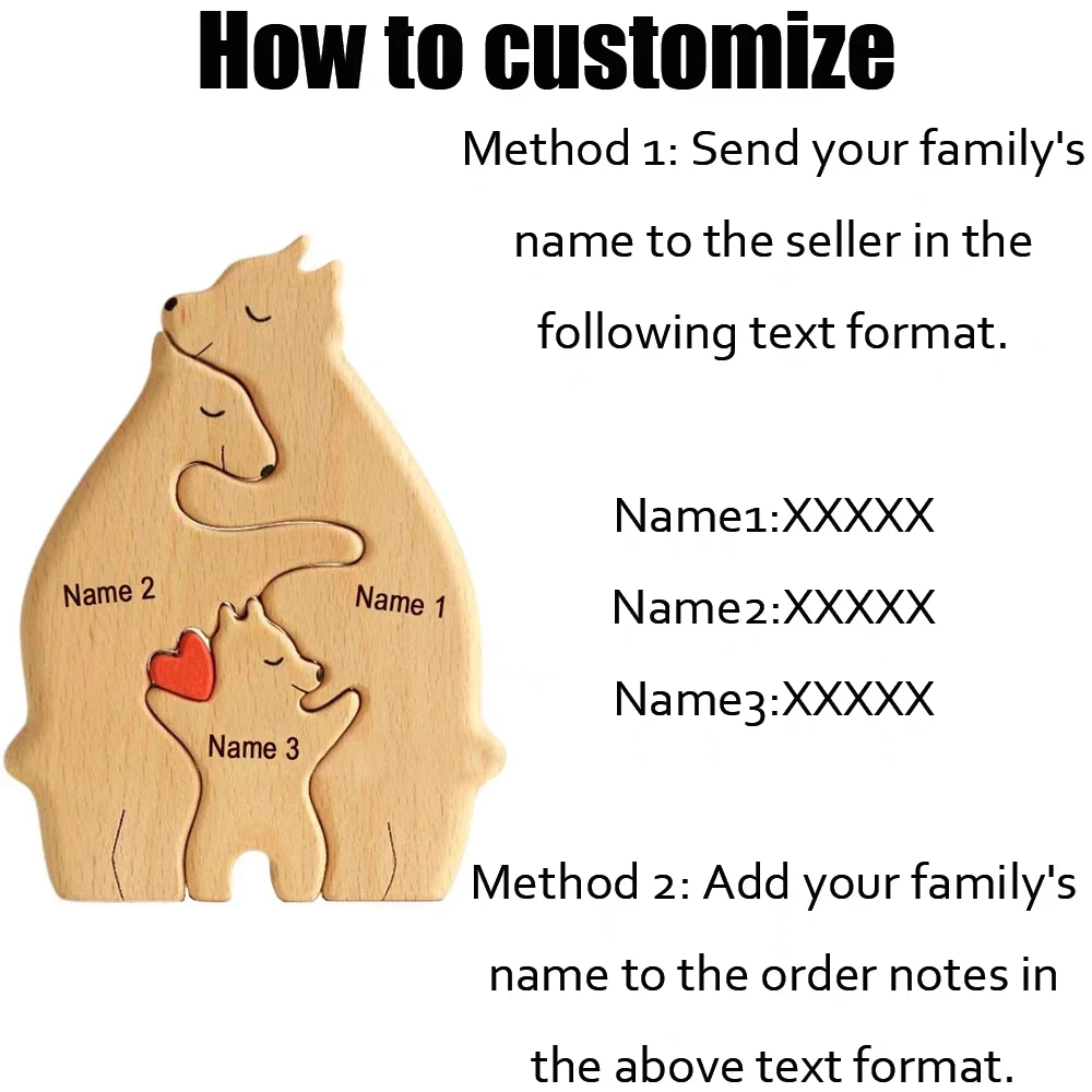 Rompecabezas de madera personalizado de la familia de osos, nombre grabado gratis para regalo de cumpleaños, escultura de nombre de la familia, decoración de escritorio de 2-7 nombres