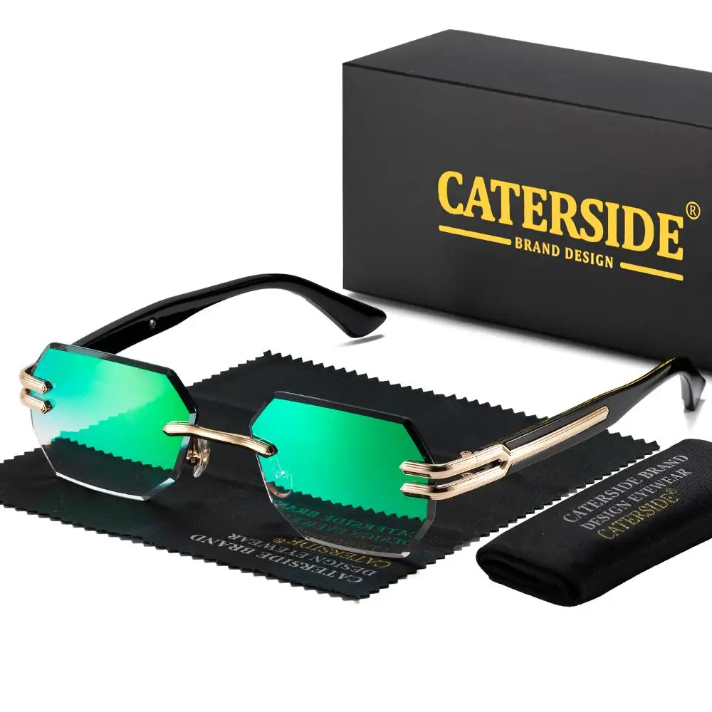 CATERSIDE Neue rahmenlose Sonnenbrille für Herren, modische polygonale Spiegellinsen mit Farbverlauf, Metallrahmen, Damen-Party-Sonnenbrille für den Außenbereich – Detail 20