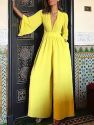 Bohohipei-monos con cuello en V profundo para mujer, ropa de cintura alta, pierna ancha, mangas acampanadas, holgados, informales, 2024