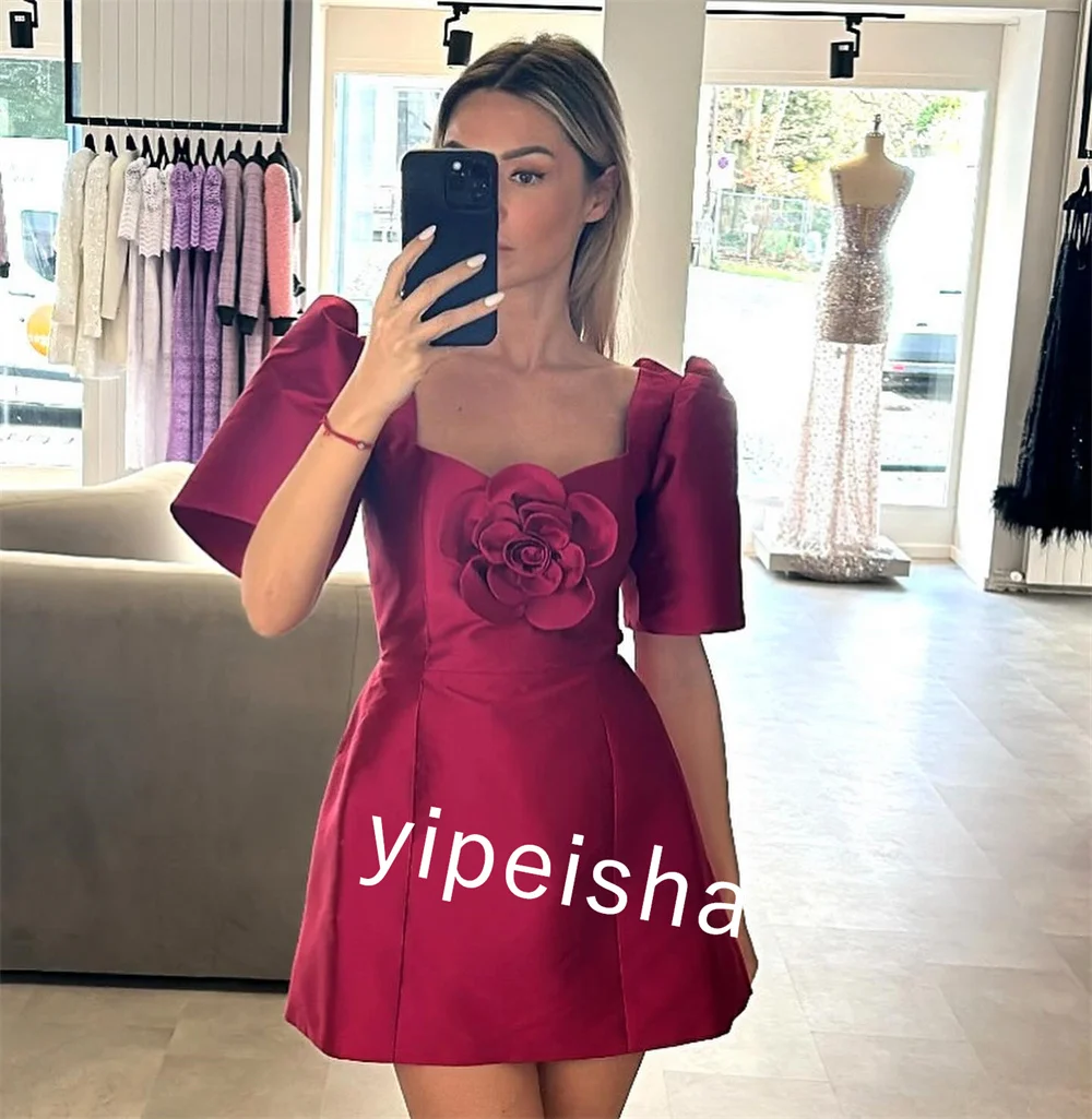 Customized Jersey Flower Pleat Graduation Straight Square Neck Bespoke Occasion Gown  Mini Dresses