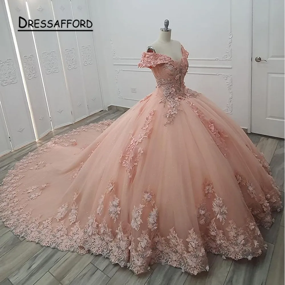 

Pink Quinceanera Dresses Off The Shoulder Puffy Ball Gown Sweet 16 Dress Beaded Lace Up Back 15 Year Party Gown