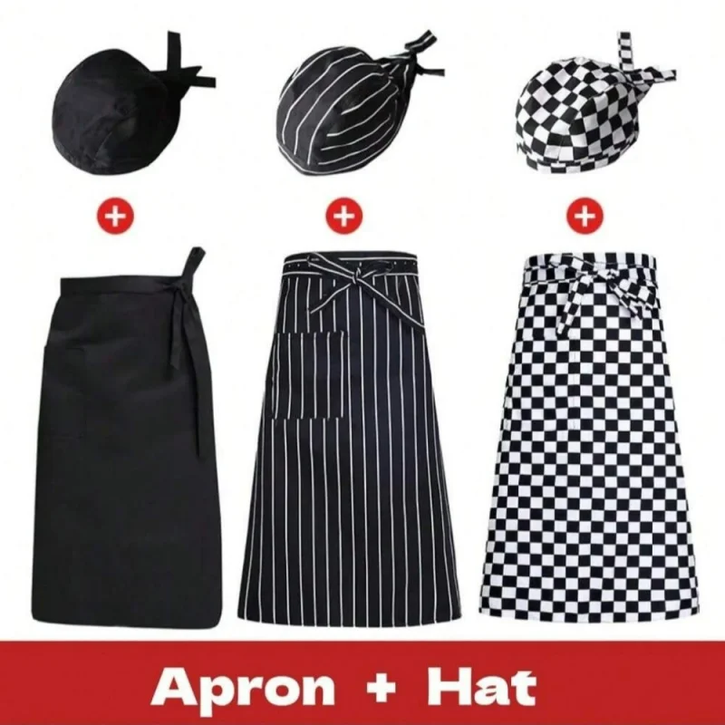 2pcs Chef Pinafore Apron And Work Cap Set Durable Kitchen Wear for Male And Female Cooks Waiters Adjustable Strap