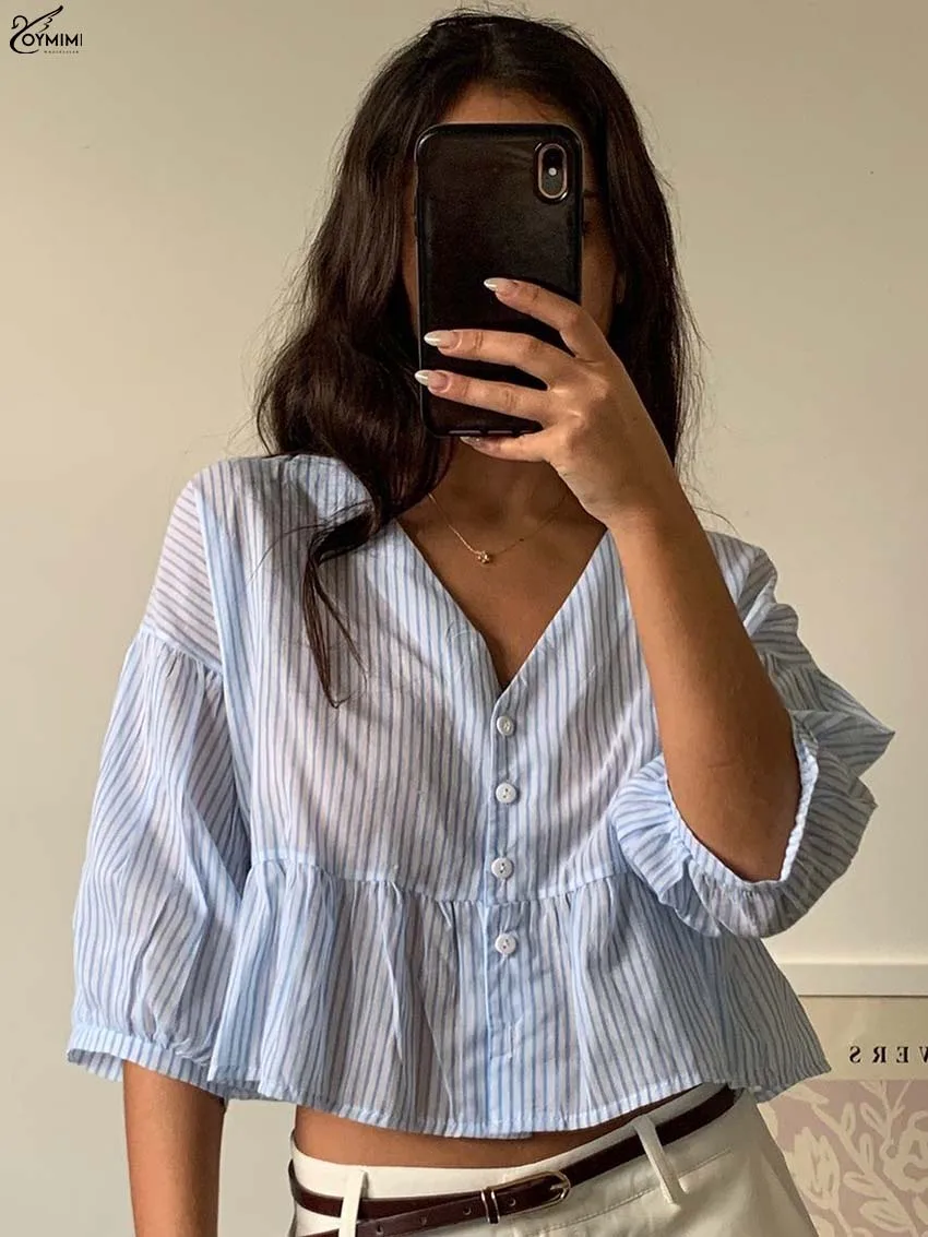 

Oymimi Fashion Blue Print Women's Shirt Elegant V-Neck Half Sleeve Crop Blouses Casual New Single Breasted Ruffled Shirts Female