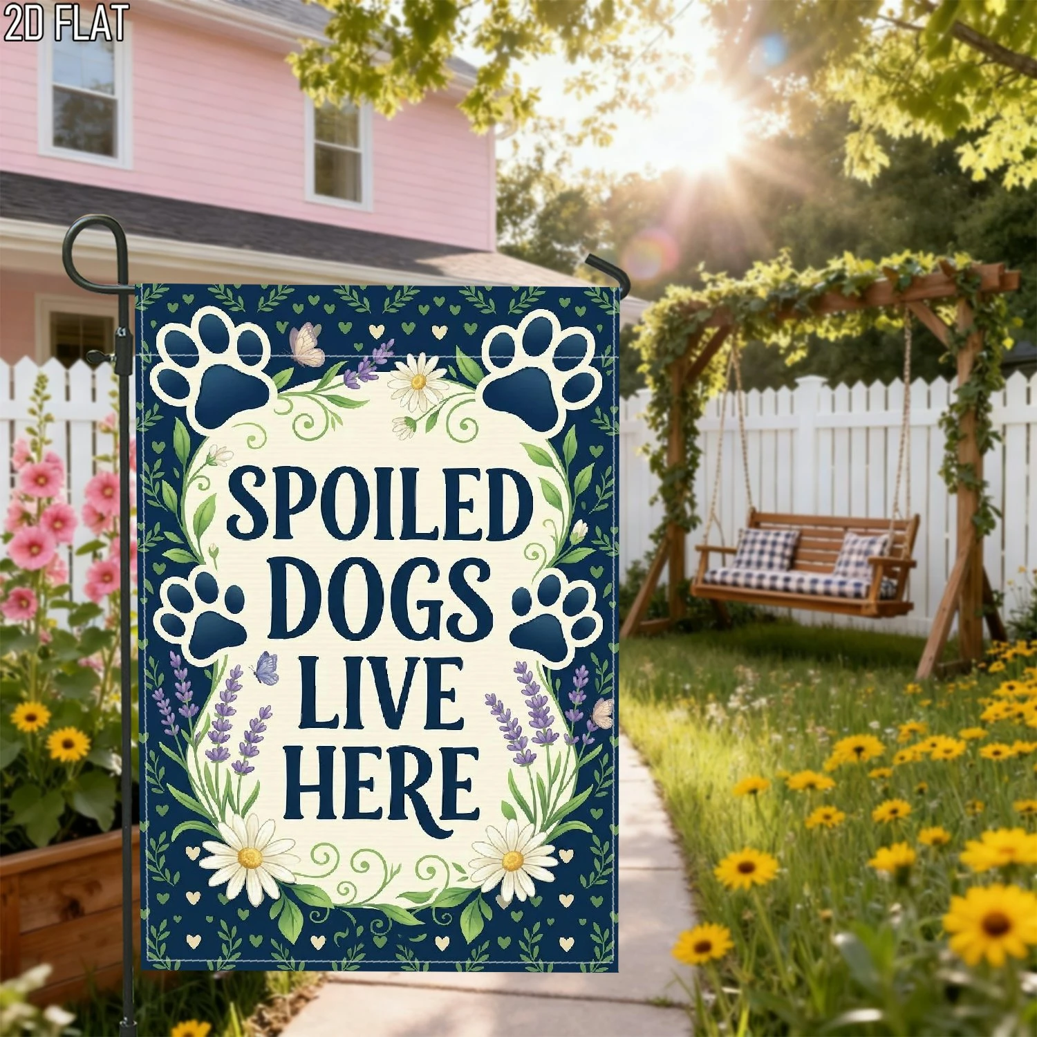 1pcs Spoiled Dogs Live Here Floral Paw Print Garden Flag Rustic Spring Summer Outdoor Yard Decor