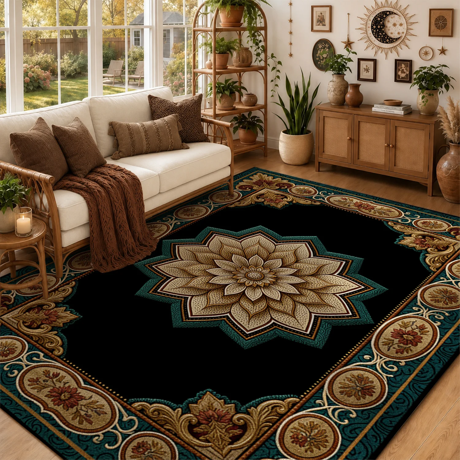 Ornate Floral Mandala Pattern Area Rug, Velvet Fabric, Machine Washable, Stable Placement, Suitable for Living Room, Bedroom, Dining Room, Entryway, Ideal for Halloween, Thanksgiving, Black Friday, Christmas, New Year Home Decor
