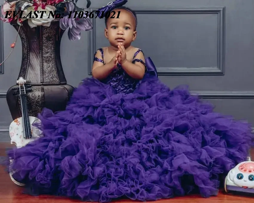 

EVLAST Customized Purple Ruffles Flower Girls Dress for Weddings Crystal Beaded Tiered Bow Girls Pageant First Communion FD73