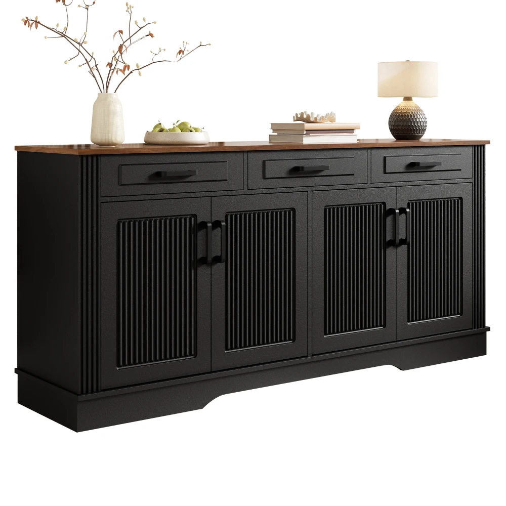 Buffet de rangement moderne pour salon avec panneaux rayés verticaux 3D, 3 tiroirs lisses, 4 portes de placard fermées, corps de meuble robuste en MDF, meuble buffet multifonctionnel pour couloir, salon, salle à manger