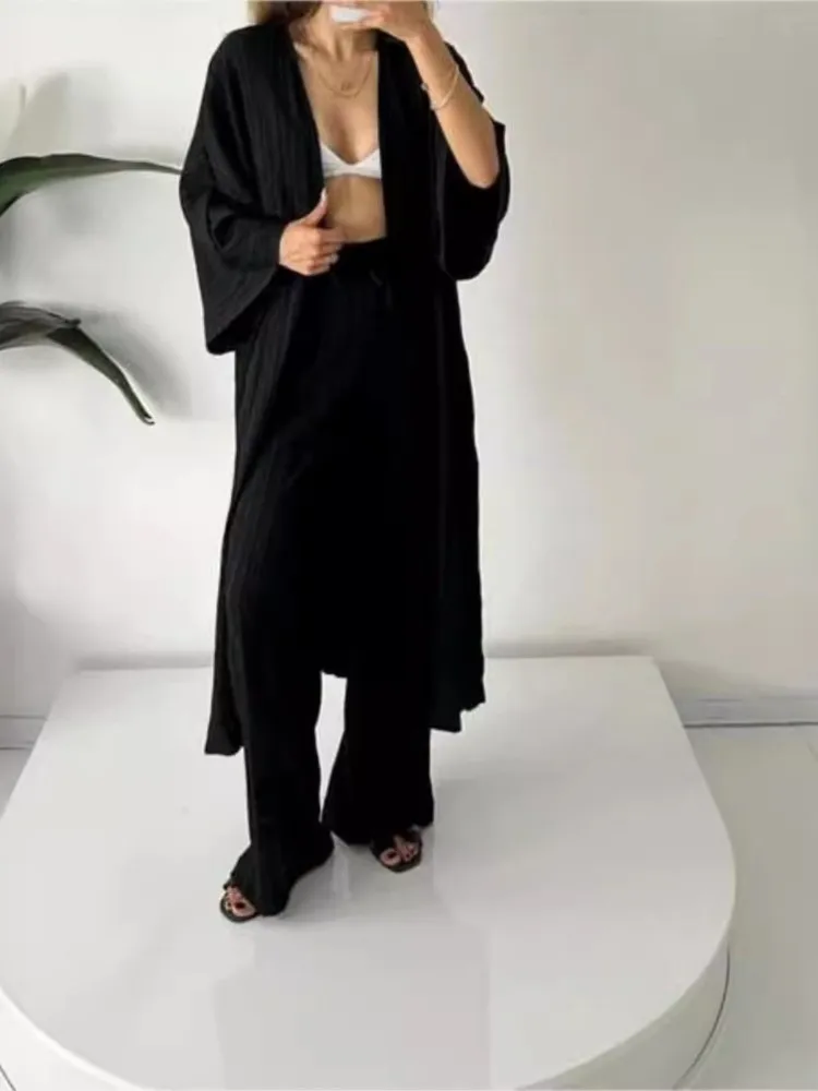Autumn Solid Pleated Texture Top +Straight Pants Two-Piece Sets Women Loose Long Cardigan 2Piece Set Casual Lady Loose Suits