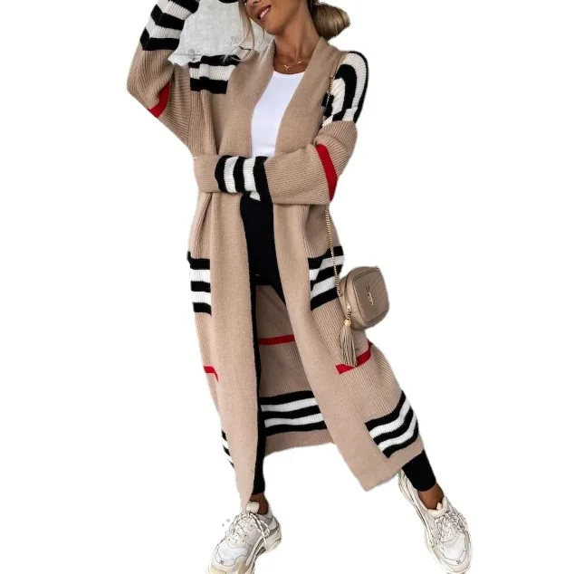 Women's Striped Knit Cardigan Long Sleeve Loose Fit Open Front Sweater Casual Trendy Soft Elegant Outerwear Females Cardigans