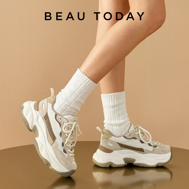 BeauToday Platform Sneakers Women Suede Leather Patchwork Fabric Round Toe Mixed Color Lace-Up Chunky Sole Ladies Trainers 29430 image 4
