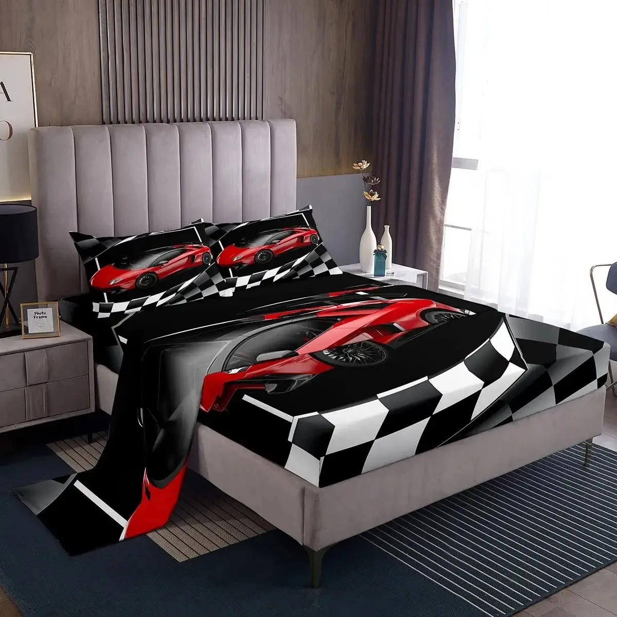 

Red Race Car Sheet Set Black and White Grid Bedding for Kids Teens Room Decor,Soft Breathable Extreme Sport Bed Sheet Set 4pcs