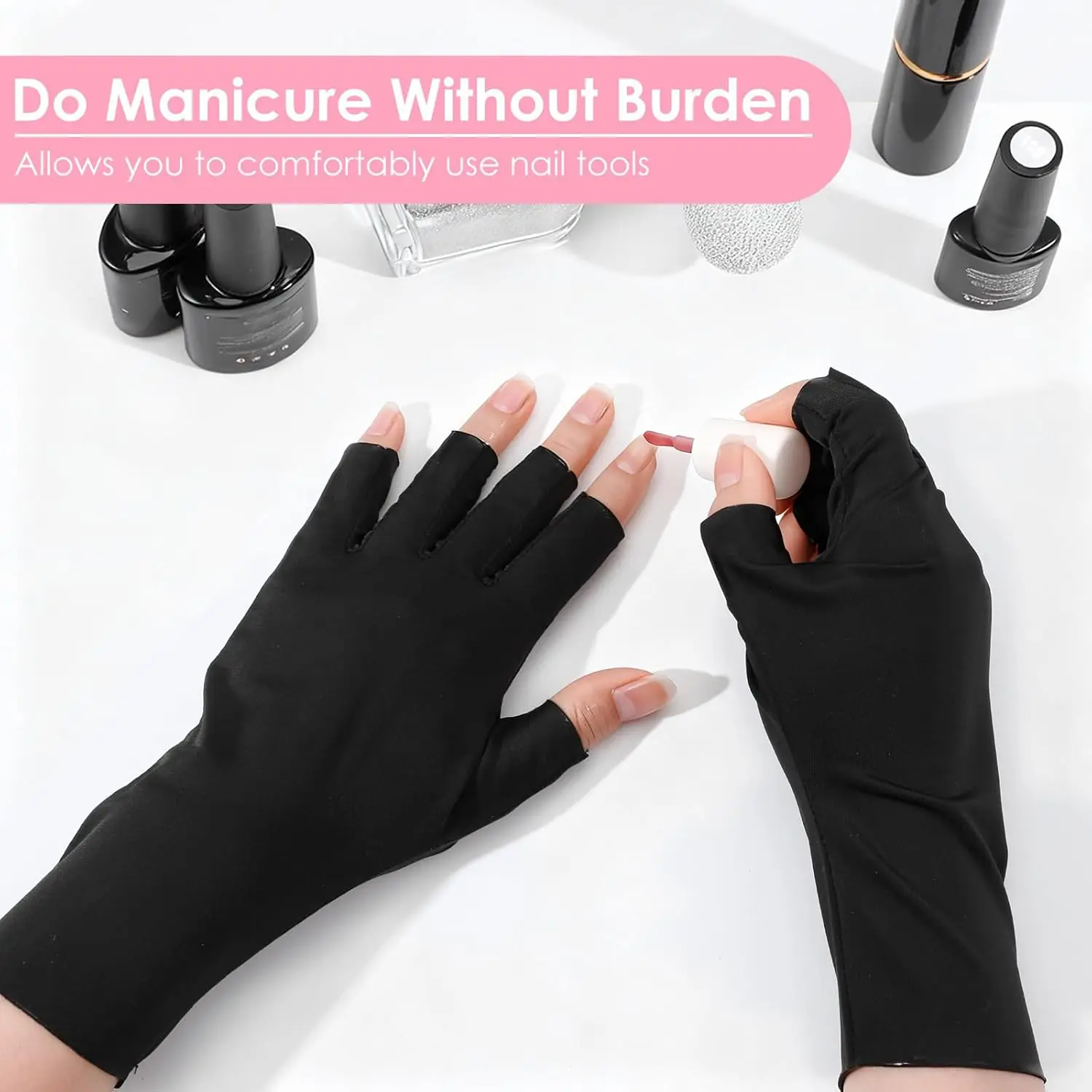 قفازات الأشعة فوق البنفسجية للأظافر، قفازات جل لفن الأظافر بدون أصابع تحمي من الأشعة فوق البنفسجية فوق البنفسجية (أسود + وردي)